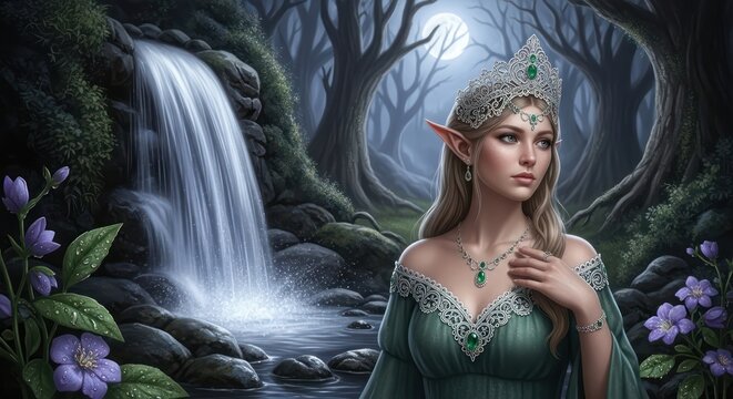 Enchanting elf princess in the moonlit forest by the waterfall of dreams