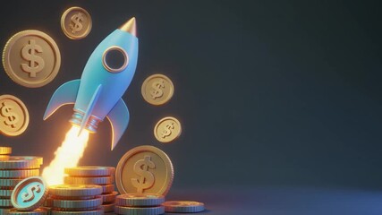 3D illustration of a blue rocket launching from a stack of gold coins with dollar signs, surrounded by floating coins against a dark background with a sense of growth and finance.