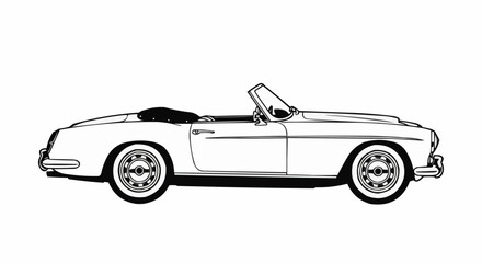 Vintage convertible roadster car black and white line art illustration.