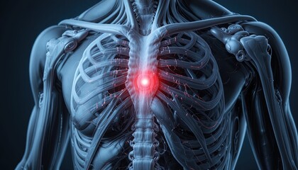 Intense ribcage pain concept with glowing red hotspot for medical visuals and anatomy illustrations or use this for dramatic health campaigns now