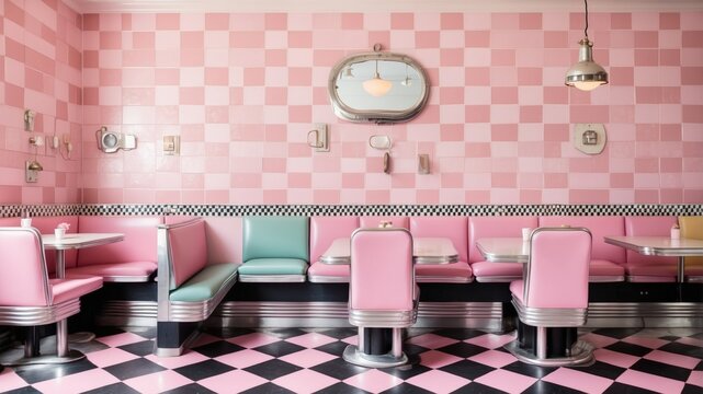 Retro 1950s American Diner Interior. Pink Booths and Checkered Floor. Old-Fashioned Restaurant or Cafe Background with Empty Seats