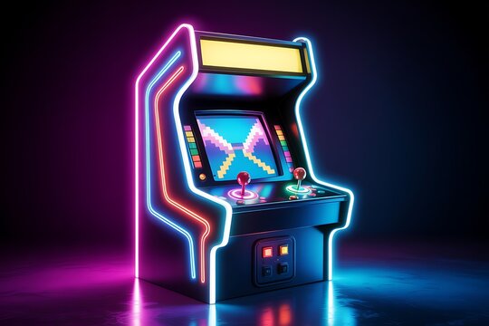 Retro arcade game machine with neon lights and pixelated screen displaying a game in a dark room with purple and pink lighting
