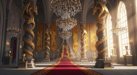 Grand hall with golden dragon pillars, crystal chandeliers and royal decorations