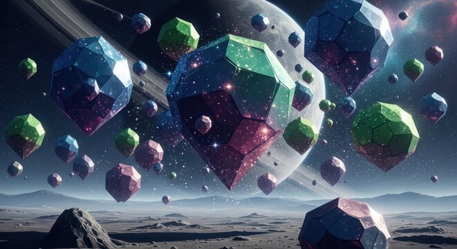 Galactic Gemstones: A Celestial Display of Crystalline Structures in an Alien Landscape