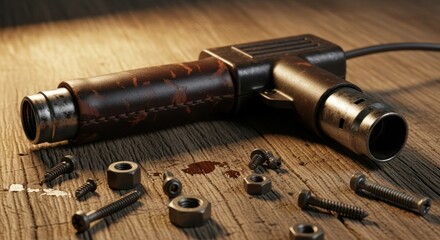 Obraz premium Industrial heat gun resting on wooden surface surrounded by nuts and bolts scattered about