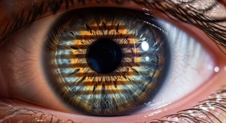 Macro view of a human eye with intricate details and striking pattern reflections that reveals