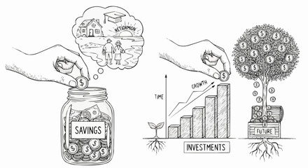 Hand drawn illustration of savings and investments with money jar and growth chart.