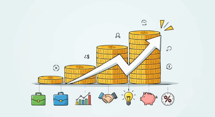 Financial growth concept with stacked coins and upward arrow.