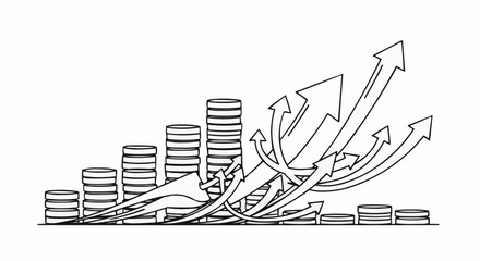 Hand drawn sketch of growing stacks of coins and rising arrows.