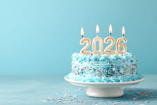 A festive light blue frosted cake, adorned with colorful sprinkles, prominently displays four sparkling golden candles lit to form the numerical year 2026. Presented on a white cake stand against a so
