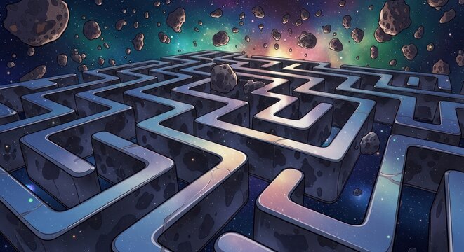 Navigating cosmic paths: an interstellar maze amidst a meteor-showered backdrop