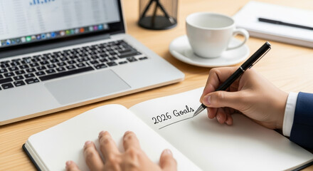 2026 goals financial goals business goals finance goal planning notebook and laptop on desk with coffee cup and pen writing 2026 goals showing focus and ambition