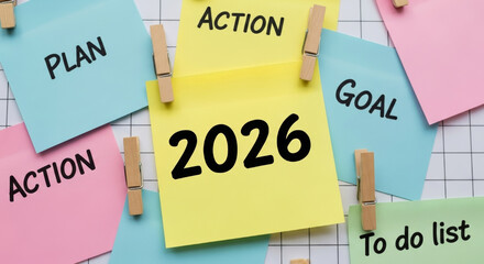 2026 financial goals business goals finance planning and action sticky notes with 2026 reminder motivating to do list and goal setting for small business growth and personal finance planning