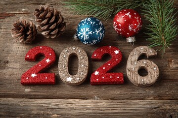 A vibrant display of glittering numbers spelling out '2026' takes center stage on a rustic wooden surface, creating a warm, festive atmosphere. Adorned with classic holiday ornaments in sparkling red 