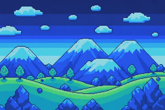 Pixel art landscape with blue mountains, green rolling hills, and fluffy clouds under a striped blue sky