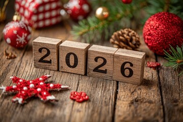 Rustic wooden blocks displaying the year 2026 are centrally placed on a textured wood surface, surrounded by festive holiday decorations. Lush green pine branches, shimmering red and golden baubles, a