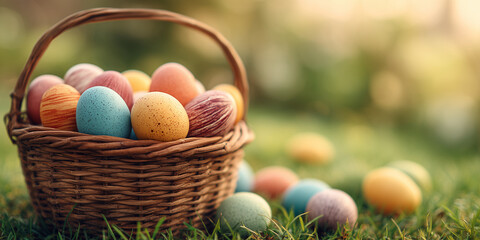 Colorful Easter eggs in woven basket on grass in sunny spring setting  