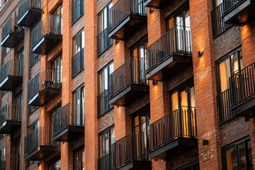 A striking contemporary residential building facade featuring intricate reddish-brown brickwork and an appealing repetitive pattern of dark metal balconies and large windows. Warm, ambient light emana