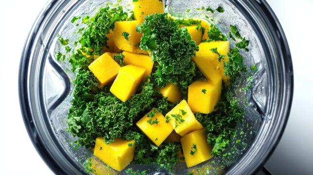 Bright and vibrant mango kale mixture in a blender for a healthy smoothie creation