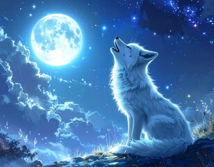 Animated image of a white wolf howling at a glowing blue full moon