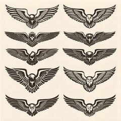 Wing badges. Eagle wings set, retro insignias, winged signs for aviation business emblems tattoos labels