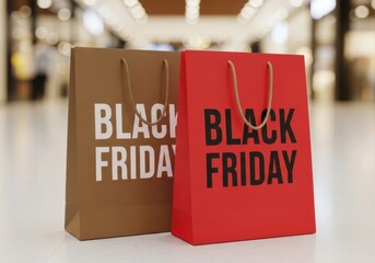 Two shopping bags with Black Friday text in a shopping mall image