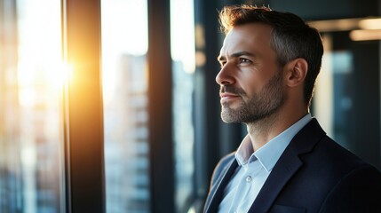 Businessman looking out the window at the city skyline during sunset in a modern office setting