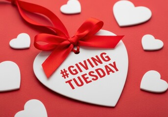 White heart tag with red ribbon and text Giving Tuesday image