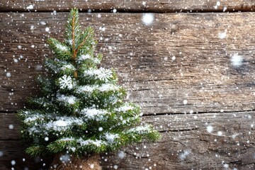 A miniature evergreen tree, meticulously adorned with sparkling white snow and delicate snowflake decorations, stands proudly against a backdrop of rich, weathered wooden planks. The scene is further 