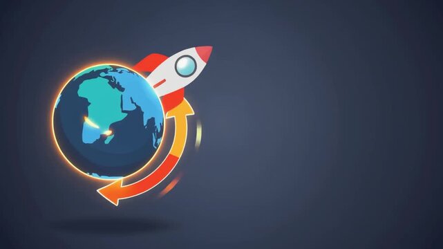 Illustration of a rocket launching around a globe with a circular arrow on a dark background, conveying a sense of global travel and exploration.
