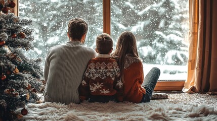 Family enjoys snowy winter day indoors by the window with cozy decorations and holiday spirit