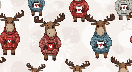 Adorable cartoon mooses in cozy knitted sweaters hold mugs with heart designs, forming a delightful seamless winter holiday pattern with snowflakes.