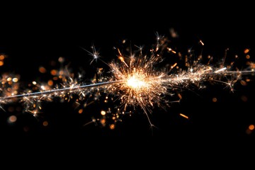 A dazzling display of golden and white sparks erupts dynamically from a glowing handheld pyrotechnic, beautifully contrasted against a deep, dark background. The vibrant light streaks create an energe
