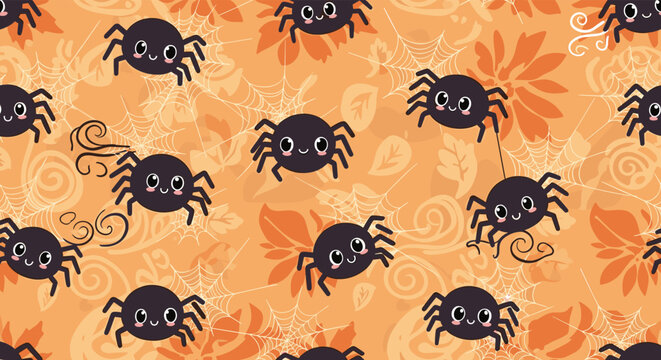 Cute cartoon spiders with big eyes and smiles crawl on an orange background with spiderwebs and autumn leaves, creating a fun Halloween seamless pattern.