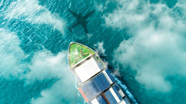Aerial view of the freight shipping transport system cargo ship container. international transportation Export-import business, logistics, transportation industry concepts	