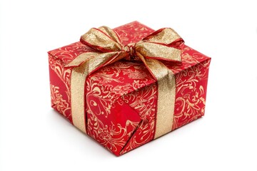 A beautifully wrapped gift box takes center stage, showcasing vibrant red paper intricately adorned with an elegant, shimmering gold floral and swirling pattern. A luxurious, textured gold ribbon is m