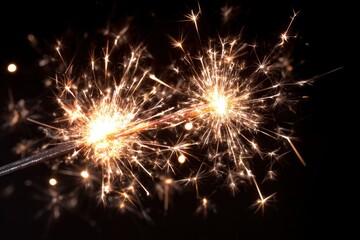 Two vibrant sparklers illuminate the darkness with a dazzling display of golden sparks, radiating warmth and excitement. The brilliant light bursts outwards, creating a dynamic and celebratory atmosph
