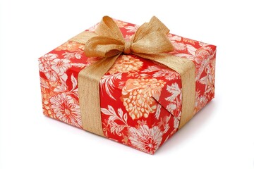 A beautifully wrapped gift box stands isolated against a clean white background, creating a bright and festive presentation. The vibrant red wrapping paper is adorned with an elegant, stylized floral 