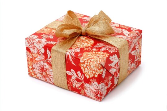 A beautifully wrapped gift box stands isolated against a clean white background, creating a bright and festive presentation. The vibrant red wrapping paper is adorned with an elegant, stylized floral