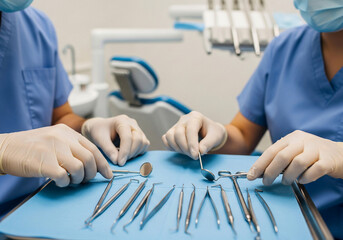 Two dentists preparing a set of sterile dental instruments for a patient.
