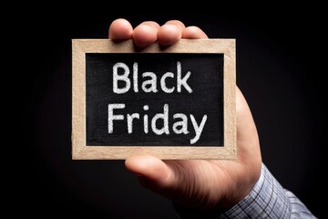 A close-up, commercially focused shot features an unidentifiable person holding a small, wooden-framed chalkboard. The words "Black Friday" are prominently written in white chalk against the dark surf