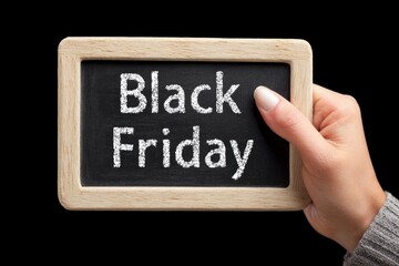 A close-up shot features a human hand, partially visible with a grey knitted sleeve, holding a small wooden-framed chalkboard. The words 'Black Friday' are clearly written in white chalk on the dark s