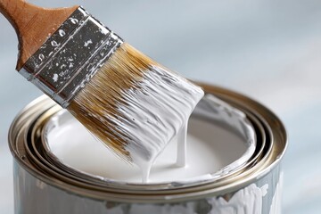 A clean paintbrush, laden with thick white paint, drips into an open metal can. The close-up showcases smooth texture and pure color, symbolizing renovation, renewal, and creative home improvement. Id