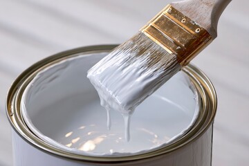 A vivid close-up captures a fresh paint brush dipped into a pristine can of bright white paint, creating elegant drips that gently fall back into the smooth liquid. The thick, creamy texture of the pa