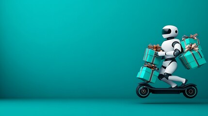 Robot delivering gifts on scooter against a vibrant teal background for holiday or birthday celebration