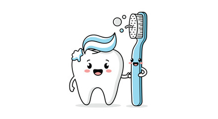 A cute cartoon tooth with toothpaste and a happy toothbrush stand together, symbolizing dental hygiene and friendship.