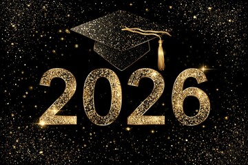 A luxurious gold '2026' design gleams against a sophisticated black background, featuring a stylized graduation cap and a vibrant cascade of sparkling golden confetti. This elegant composition beautif