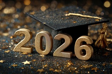 A vibrant and celebratory still life features the shimmering golden numbers "2026" prominently displayed with a textured, glittery finish. Behind these focal numbers, a classic black graduation cap wi