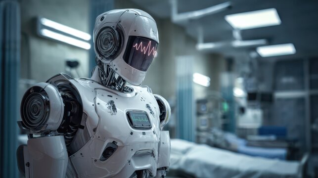 Futuristic robot stands in a modern hospital room ready to assist medical professionals