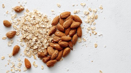 Heart shape made of almonds and oats on white, promoting energy and balanced metabolism